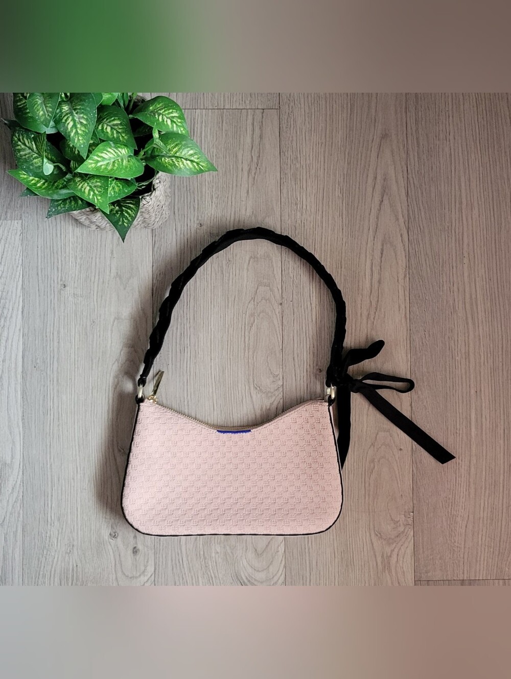 Rothy's The Mini Shoulder Bag in Ballerina Bow Pink & Black Velvet, 13.5" x 10" - Picture 15 of 16